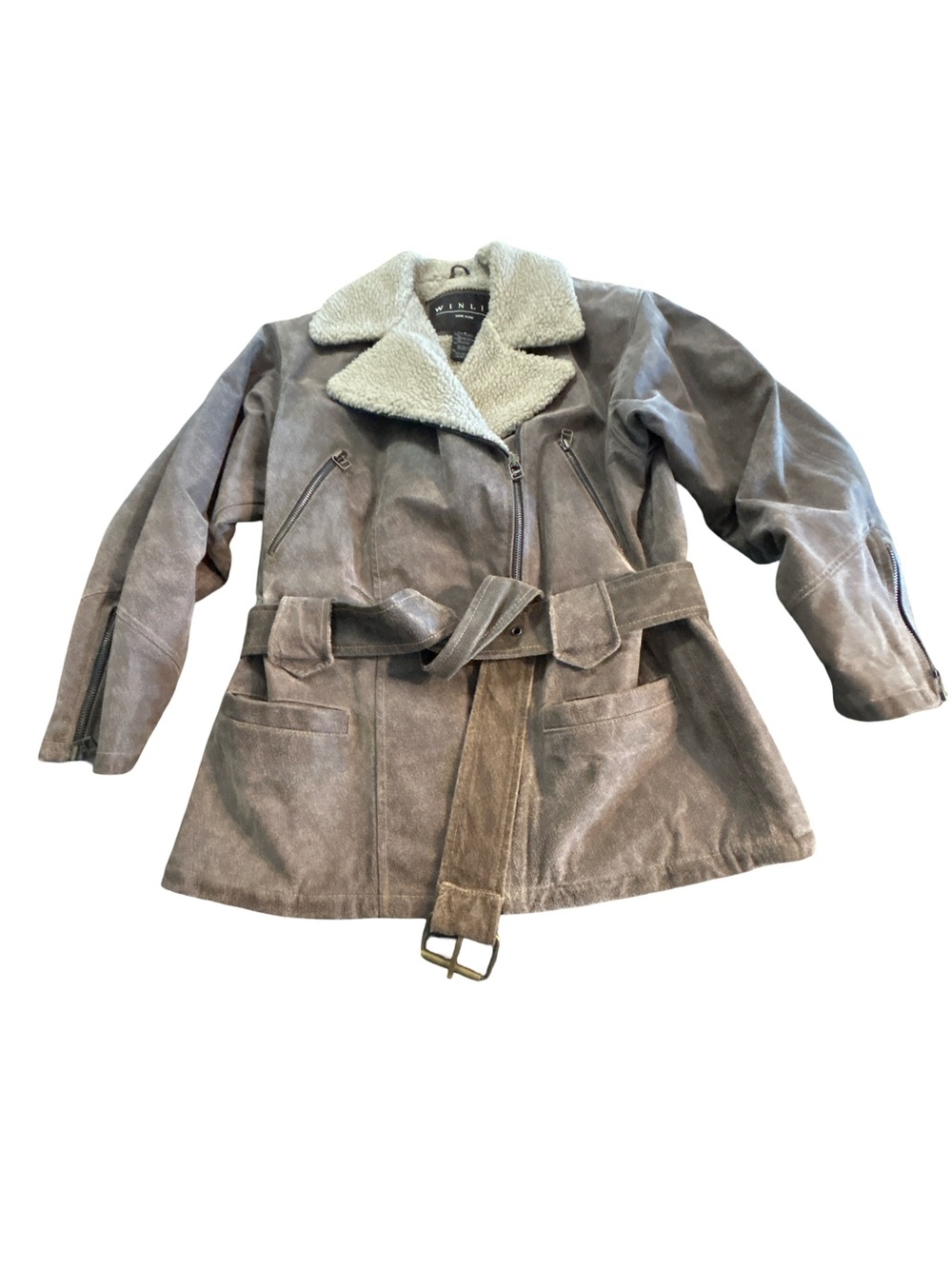 Vintage Winlit New York Leather Belted Moto Jacket with Sherpa Collar - Small